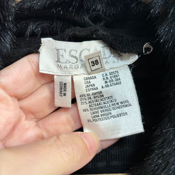 Escada VTG Wool Blend Fur Collar Cardigan Sweater Womens 38 Black Waffle Thermal - Picture 6 of 10